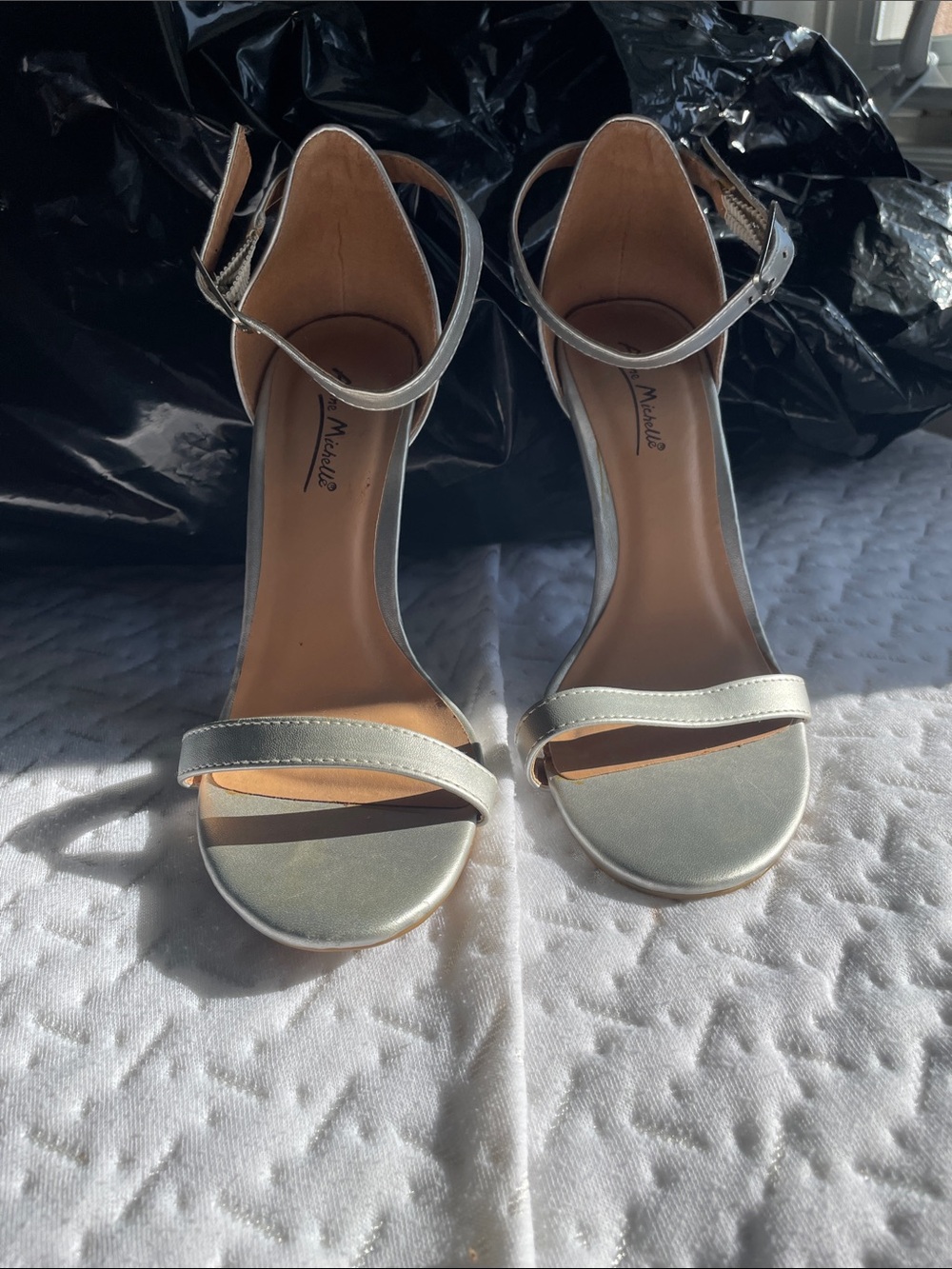 Anne Michelle Silver Open-Toe Ankle-Strap Heels